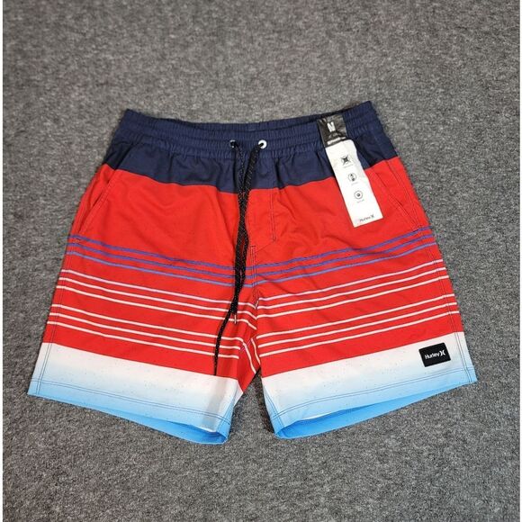 Hurley Phantom Mens Trunks Swim Beach Short  Blue Red White Striped New - Picture 1 of 10